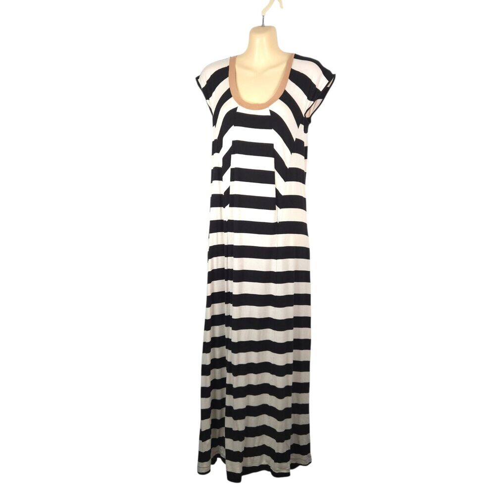 Uniqlo XS Striped Maxi Dress Pockets Black White Cap Sleeve Modal Scoop Neck